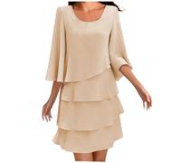shownicer Damen Cocktailkleid Elegant Chiffon Rundhals 3/4 Ärmel Minikleid Freizeitkleid Festlich Kleid A Khaki L