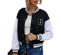 shownicer Damen College Jacke Sweatjacke Baseball Jacke Vintage Kurze Übergangsjacke Sweatshirt mit Knopf Frühling Herbst Y2K Fashion Top Bomberjacke B Schwarz XS