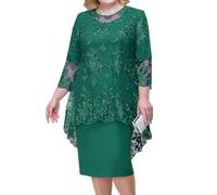 shownicer Damen Elegant Cocktailkleid mit Spitze Vintage 3/4 Ärmel Rundhals Spitze Knielang Zweiteiliges Set Kleider Festlich Abendkleid Große Größen A Grün XL