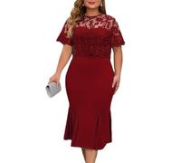 shownicer Damen Elegant Cocktailkleid mit Spitze Vintage 3/4 Ärmel Rundhals Spitze Knielang Zweiteiliges Set Kleider Festlich Abendkleid Große Größen D Weinrot 4XL