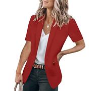 shownicer Damen Elegant Kurzarm Blazer Einfarbig Revers Slim Fit Geschäft Büro Jacke Mantel Casual Anzüge Business Bolero Sakko A Rot XL
