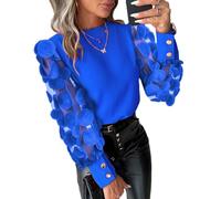 shownicer Damen Elegant Langarm Bluse Langarmshirts Tunika Office Chiffon Blusen V-Ausschnitt Spitzentops Pailletten Oberteil Chiffonblusen C Blau XXL