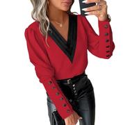 shownicer Damen Elegant Langarm Bluse Langarmshirts Tunika Office Chiffon Blusen V-Ausschnitt Spitzentops Pailletten Oberteil Chiffonblusen A Rot XXL