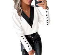 shownicer Damen Elegant Langarm Bluse Langarmshirts Tunika Office Chiffon Blusen V-Ausschnitt Spitzentops Pailletten Oberteil Chiffonblusen A Weiß XL