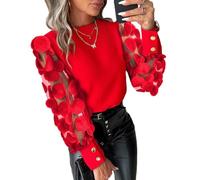 shownicer Damen Elegant Langarm Bluse Langarmshirts Tunika Office Chiffon Blusen V-Ausschnitt Spitzentops Pailletten Oberteil Chiffonblusen C Rot S