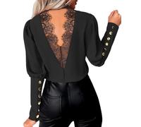 shownicer Damen Elegant Langarm Bluse Langarmshirts Tunika Office Chiffon Blusen V-Ausschnitt Spitzentops Pailletten Oberteil Chiffonblusen H Schwarz XXL