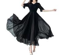shownicer Damen Elegant Sommerkleider Lange Kleid Chiffon Rüschen Langarm V-Ausschnitt Hohe Taille Maxikleid Partykleid Strandkleid Cocktailkleid Festliches Kleid A Schwarz 3XL