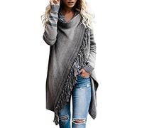 shownicer Damen Gestreift Gestrickter Poncho Jacke Winter Herbst Warm Elegant Langarm Fransen Quasten Lässig Asymmetrisch Stricken Schal Outdoor Knit Cape Wraps Grau L