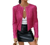 shownicer Damen Glänzend Pailletten Blazer Jacke Langarm Cardigan Tops Kurz Oberteile Eleganter Blazer Glitzer Clubwear Outfits Party Tops A Dunkelrosa M
