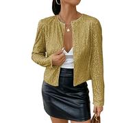shownicer Damen Glänzend Pailletten Blazer Jacke Langarm Cardigan Tops Kurz Oberteile Eleganter Blazer Glitzer Clubwear Outfits Party Tops A Gold M