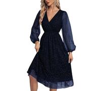 shownicer Damen Glitzer Kleid Elegant V-Ausschnitt Festlich Kleid Langarm Paillettenkleid Glitzer Abendkleid Knielang/Midi Cocktailkleid A-Line Swing Partykleid B Dunkelblau L