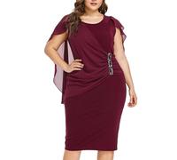 shownicer Damen Große Größen Chiffon Cape Bleistiftkleid Elegant Rundhals Cocktailkleid Abendkleid Bodycon Bleistift Festlich Kleider C Rot XL