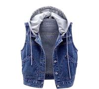 shownicer Damen Hooded Jeansweste Jacke Kurz Ärmellos Einfache Beiläufige Jeansweste Denim Weste mit Kapuze Blau M