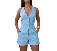 shownicer Damen Hosenanzug Elegant Business Anzug Blazer Hose 2-teilig Set Zweiteiler Ärmellos Weste Und Shorts Mode 2 Teiler Formal Festlicher Suit Streetwear A Blau L