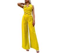 shownicer Damen Hosenanzug Elegant Business Anzug Blazer Hose 2-teilig Set Zweiteiler Slimfit Hosen + Weste Mode 2 Teiler Festlich Sportlich Streetwear Formal Festlicher Suit C Gelb L