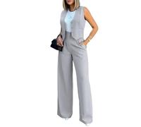 shownicer Damen Hosenanzug Elegant Business Anzug Blazer Hose 2-teilig Set Zweiteiler Slimfit Hosen + Weste Mode 2 Teiler Festlich Sportlich Streetwear Formal Festlicher Suit A Grau M