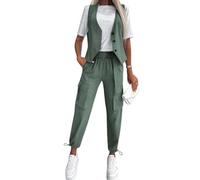shownicer Damen Hosenanzug Elegant Business Anzug Blazer Hose 2-teilig Set Zweiteiler Slimfit Hosen + Weste Mode 2 Teiler Festlich Sportlich Streetwear Formal Festlicher Suit D Grün XXL