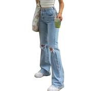 shownicer Damen Jeans Hose mit Hoher Taille Y2K Style Harajuku E-Girl Streetwear Hose Casual Baggy Vintage Flare Denim Hose Freizeit Loose Gerade Hosen E Blau L