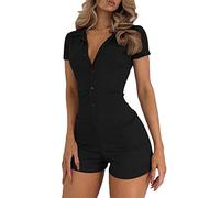 shownicer Damen Jumpsuit Bodysuit Sexy Sommer Overall Kurz Einteiler Hosenanzug Sport Playsuit Dehnbarer Pyjama Onesie 90er E-Girl Y2K Style Bodycon Shorts B Schwarz L