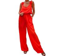 shownicer Damen Jumpsuit Elegant Hohe Taille V-Ausschnitt Cocktail Party Festlich Overalls Playsuit Hosenanzug Lang Romper A Rot M