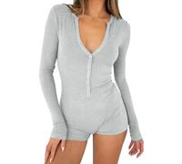 shownicer Damen Jumpsuit Kurz Einteiler Bodysuit V-Ausschnitt Langarm Gerippter Pyjama Playsuit Strampler Stretch Bodycon Short Jumpsuit Overall Yoga Fitness Outfit A Grau L