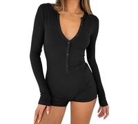 shownicer Damen Jumpsuit Kurz Einteiler Bodysuit V-Ausschnitt Langarm Gerippter Pyjama Playsuit Strampler Stretch Bodycon Short Jumpsuit Overall Yoga Fitness Outfit A Schwarz XL