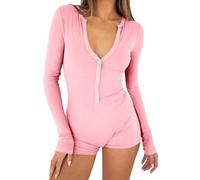 shownicer Damen Jumpsuit Kurz Einteiler Bodysuit V-Ausschnitt Langarm Gerippter Pyjama Playsuit Strampler Stretch Bodycon Short Jumpsuit Overall Yoga Fitness Outfit A Hell-Pink L