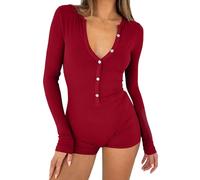 shownicer Damen Jumpsuit Kurz Einteiler Bodysuit V-Ausschnitt Langarm Gerippter Pyjama Playsuit Strampler Stretch Bodycon Short Jumpsuit Overall Yoga Fitness Outfit A Rot XS