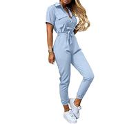shownicer Damen Jumpsuit Lang Sommer V Ausschnitt Overall Kurzarm Einteiler Elegant Hosenanzug Playsuit Jogginganzug Romper mit Gürtel Strampler Spielanzug B Hellblau M