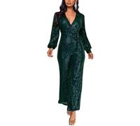 shownicer Damen Jumpsuit Langarm V-Ausschnitt Pailletten Overall Glitzer Strampler Lockere Hose Einfarbig Party Einteiler Lang Jumpsuit Hohe Taille Playsuit Romper mit Gürtel