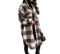shownicer Damen Kariertes Taschen Knöpfen Langarm Oversize Bluse Mantel Lange Jacke Hemdjacke Holzfällerjacke Mode Boyfriend Jacken Z1 Grau XS