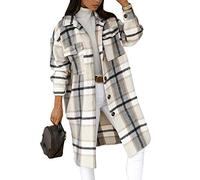 shownicer Damen Kariertes Taschen Knöpfen Langarm Oversize Bluse Mantel Lange Jacke Hemdjacke Holzfällerjacke Mode Boyfriend Jacken Grau S