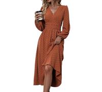 shownicer Damen Kleid Elegant Abendkleider Langarm V-Ausschnitt Freizeitkleid Maxi A-Linie Kleid Einfarbige Cocktailkleid Hohe Taille Herbstkleid Wickelkleid A Orange M