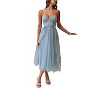 shownicer Damen Kleid Sexy V-Ausschnitt Mode Kleid Laterne Langarm Glänzend Abendkleid Hohe Taille Schlank Midi Kleid Swing Cocktailkleid A Hellblau M