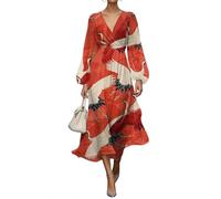 shownicer Damen Kleider Elegant Kleid Lang Blumendruck Musselin Kleid V Ausschnitt Wickelkleid Langarm Herbstkleid Vintage Midikleid A Orange1 3XL