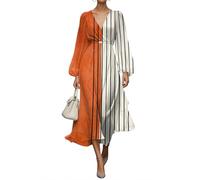 shownicer Damen Kleider Elegant Kleid Lang Blumendruck Musselin Kleid V Ausschnitt Wickelkleid Langarm Herbstkleid Vintage Midikleid A Orange3 L