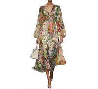 shownicer Damen Kleider Elegant Kleid Lang Blumendruck Musselin Kleid V Ausschnitt Wickelkleid Langarm Herbstkleid Vintage Midikleid A Orange1 XS