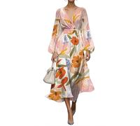 shownicer Damen Kleider Elegant Kleid Lang Blumendruck Musselin Kleid V Ausschnitt Wickelkleid Langarm Herbstkleid Vintage Midikleid A Orange1 XS