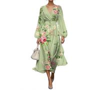 shownicer Damen Kleider Elegant Kleid Lang Blumendruck Musselin Kleid V Ausschnitt Wickelkleid Langarm Herbstkleid Vintage Midikleid A Orange1 XS