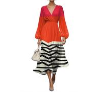 shownicer Damen Kleider Elegant Kleid Lang Blumendruck Musselin Kleid V Ausschnitt Wickelkleid Langarm Herbstkleid Vintage Midikleid A Orange2 XS