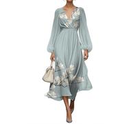 shownicer Damen Kleider Elegant Kleid Lang Blumendruck Musselin Kleid V Ausschnitt Wickelkleid Langarm Herbstkleid Vintage Midikleid A Orange1 XS