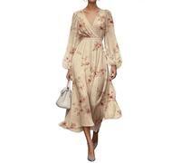 shownicer Damen Kleider Elegant Kleid Lang Blumendruck Musselin Kleid V Ausschnitt Wickelkleid Langarm Herbstkleid Vintage Midikleid A Orange1 XS