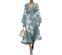 shownicer Damen Kleider Elegant Kleid Lang Blumendruck Musselin Kleid V Ausschnitt Wickelkleid Langarm Herbstkleid Vintage Midikleid A Orange1 XS
