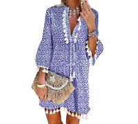 shownicer Damen Kleider Strand Sommerkleider Elegant Casual A-Linie Kleid Langarm Drucken Boho V-Ausschnitt Quaste Spitze Tunika Mini Kleider C Blau XXL