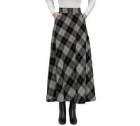 shownicer Damen Lang Rock Elegant Winterrock Plaid Warm Wollrock Hohe Taille Karierter Röcke Vintage A Linie Casual Faltenrock Maxirock B Schwarz M