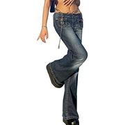 shownicer Damen Low Waist Cargo Jeans Gerade Breites Bein Baggy Flare Denim Hose Y2k Indie Aesthetic Vintage Jeanshosen 90er Streetwear B Blau XS