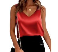 shownicer Damen Satin Tank Top Ärmellose T Shirt Basic Cami Sommer Weste Shirt V-Ausschnitt Ärmellose Camisole Casual Tank Top Blusentop Elegante Oberteile Vest Top Bluse A Rot XXL