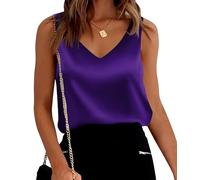shownicer Damen Satin Tank Top Ärmellose T Shirt Basic Cami Sommer Weste Shirt V-Ausschnitt Ärmellose Camisole Casual Tank Top Blusentop Elegante Oberteile Vest Top Bluse A Violett XXL