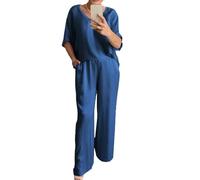 shownicer Damen Satin Zweiteilige Outfits Glattes Satin Oberteil und Hose Lounge Casual Loungewear Elegant 2-Teiliges Streetwear A Blau XL