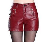 shownicer Damen Sexy Leder Shorts Hohe Taille PU Lederoptik Kurze Hose Casual Wide Leg Lederimitat Kunstlederhose Hotpants Für Frauen Teen Girls D Rot S